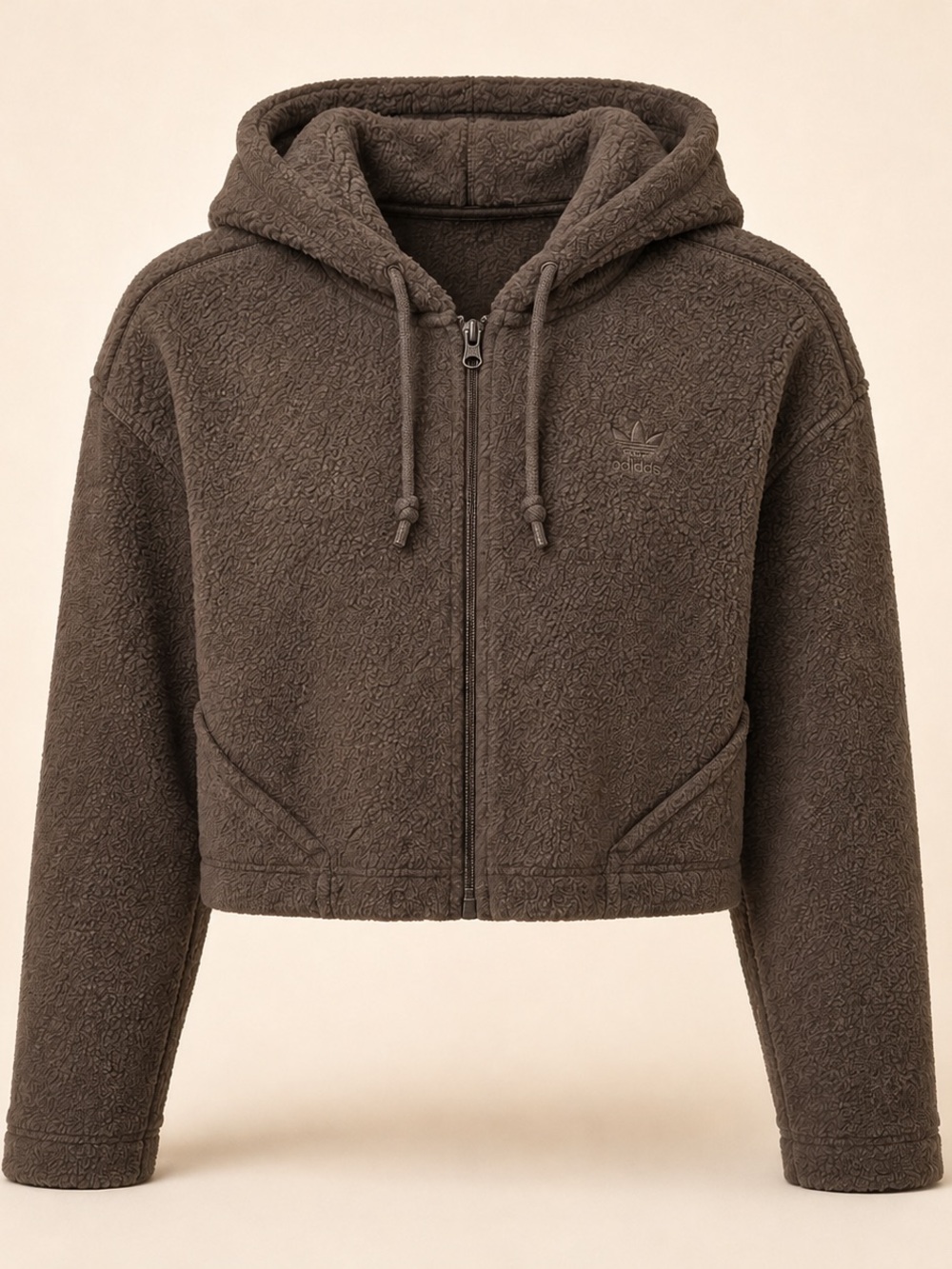 adidas Cropped Teddy Sherpa Hoodie Jacket in Brown - Picture 2 of 9